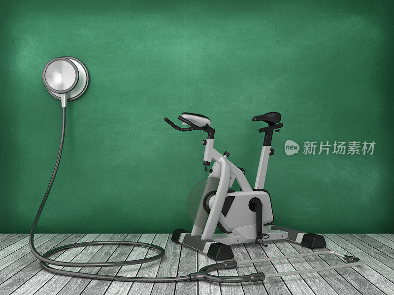 听诊器与锻炼自行车在黑板背景- 3D渲染